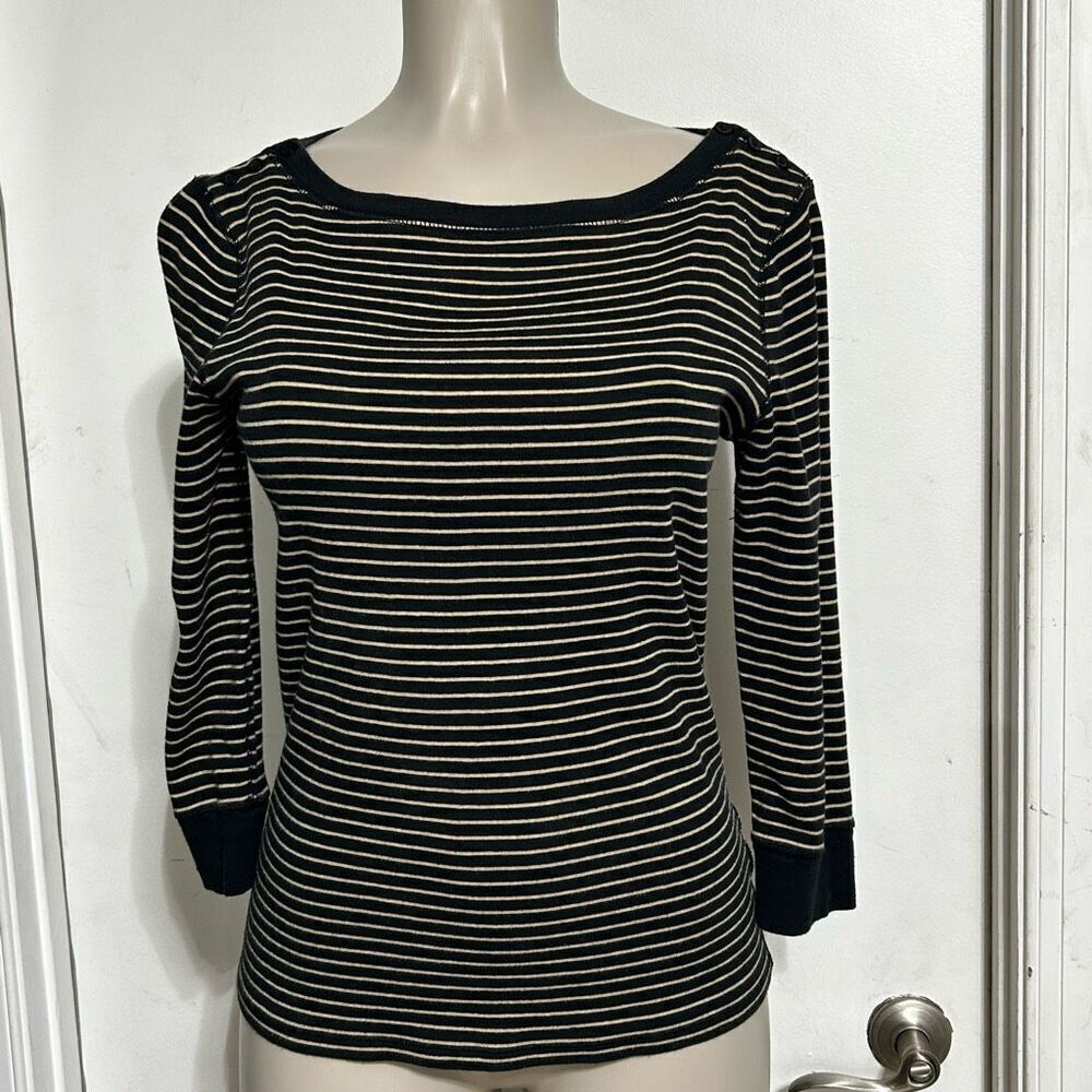 Jones Signature New York Pullover Top Women's Medium Black Tan Striped Cotton